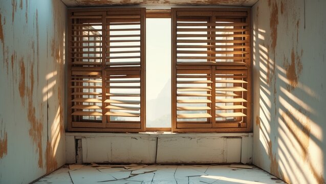 aged beige iron window frames and shattered white flooring