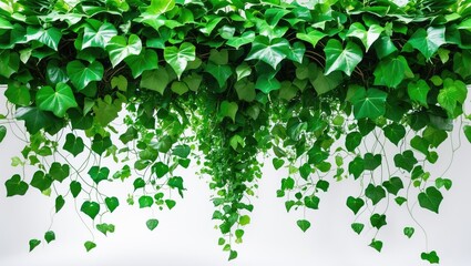 Clipping path used for isolated jungle vine and green leaves of hanging ivy plant bush on a white backdrop.
