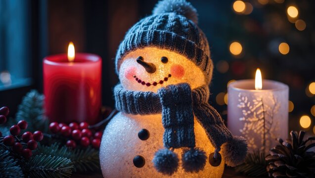 Front view of snowman LED decoration among decorations