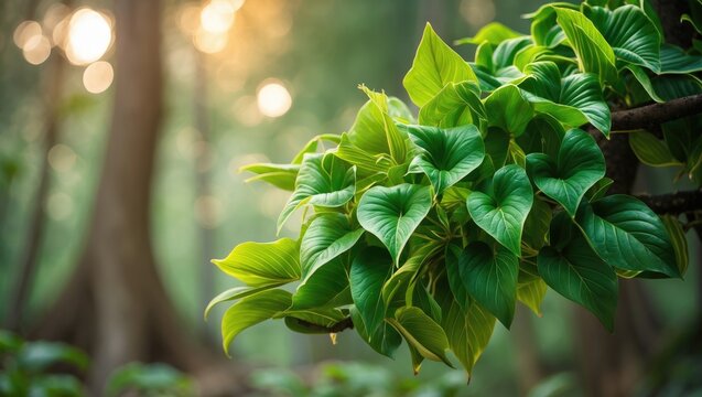 Conceptual background featuring green bodhi leaves