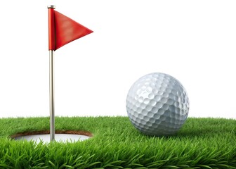 Minimalist Golf Ball, Green Grass, Hole, Red Flag - AI Photography