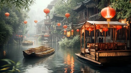 Obraz premium Tranquil boat ride ancient water village scenic view misty atmosphere serene experience