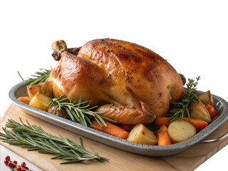Golden Roasted Whole Chicken with Herbs and Vegetables on a Serving Tray