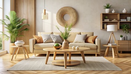 Minimalist Living Room Silhouette, Beige Tones, Wood Coffee Table