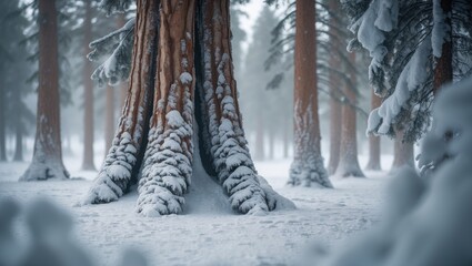 Icy forest scene on a bitterly cold day with frosted tree trunks and snow on both the ground and trees, no humans present, suited for winter hikes.