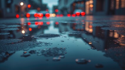 Puddles and reflections on the wet road after rain