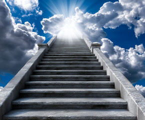 Stairs to heaven. Light and stairs guiding among dark clouds. Concept of success, spirituality, elevation and religious values.