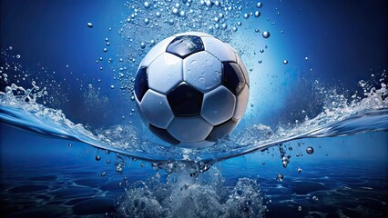Naklejka premium Minimalist Soccer Ball in Water, Blue Background, Drops