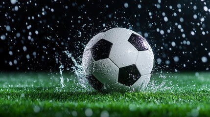 Fototapeta premium Soccer ball in rain on grass