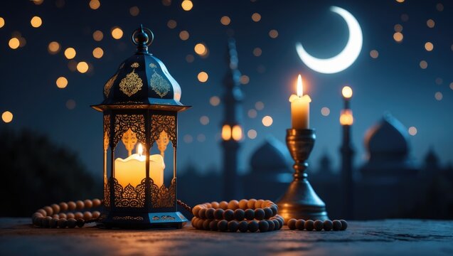 Candle glowing, prayer beads, and lamp amidst a dark night
