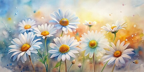 Obraz premium Minimalist Watercolor Daisy Panoramic Backgrounds