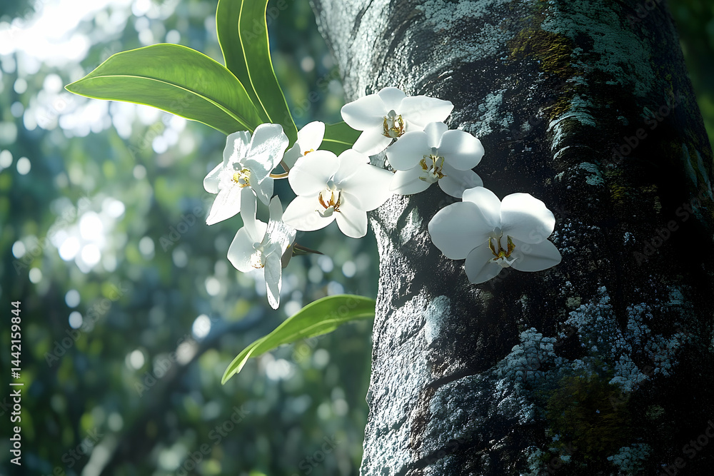 Poster white orchids clinging to a tree trunk in dappled sunlight.