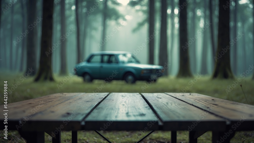 Poster metal table top set against a blurred car and grass field, representing a fresh and relax concept fo
