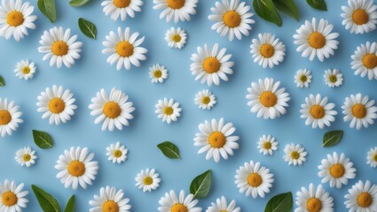 Small daisy flowers, leaves, and petals arranged in a floral pattern on a trendy pastel background, captured in a flat lay top view with vertical framing and copy space