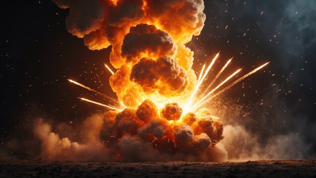 Realistic explosion with sparks and fire over a backdrop
