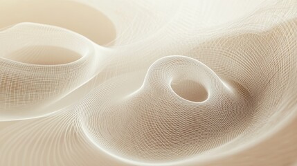 Floating wireframe spirals layered with soft shadows and sand-toned gradients