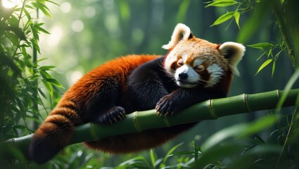 Napping Red Panda. Funny image of a red panda peacefully asleep during the day.
