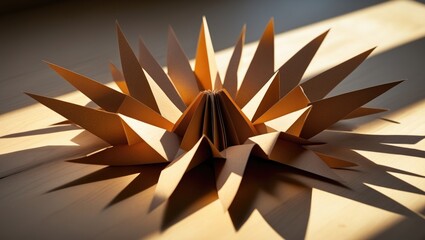 A close-up shot of a carefully made paper snowflake displaying elaborate folds and geometric patterns, warmed by natural sunlight, casting bold shadows on a wooden surface