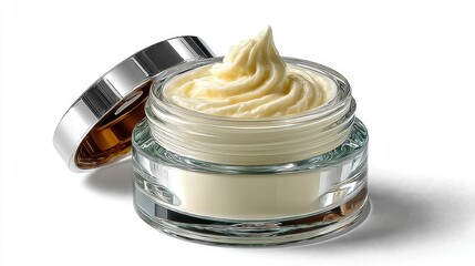 a jar of facial cream on a white isolated background, smooth texture and soft light