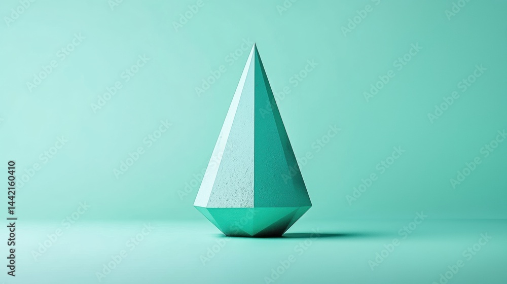 Poster a 3d rendering of a teal-colored pyramid with a textured surface.