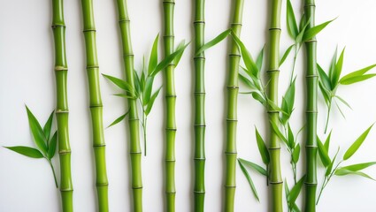 Fototapeta premium Top view of green bamboo with leaves isolated on white background, flat lay style