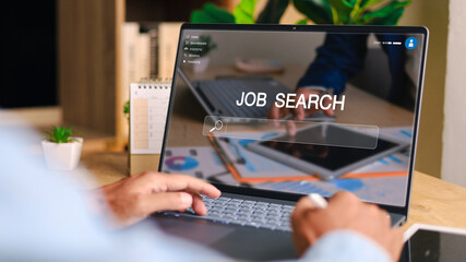 Job search concept. Man using laptop for job search concept. find your career, Peoplesearching for vacancies or position on the internet, recruiting, finding jobs.