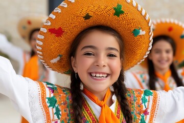 Cinco de Mayo parade dance. A young girl in traditional Mexican attire smiles joyfully, wearing a colorful sombrero and embroidered costume, with friends in the background.