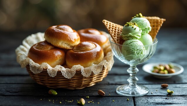 Sicilian breakfast spread of gelato, granita, and brioches. Enjoying at a sunlit table