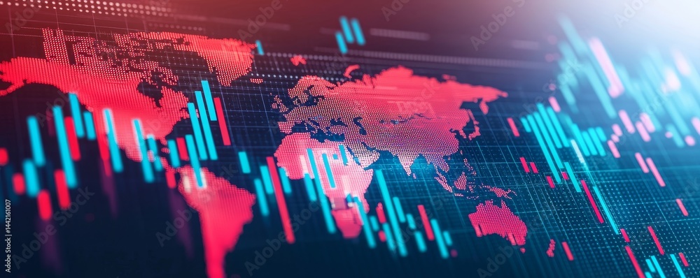 Aufkleber digital world map with financial data and trading graphs in vibrant colors.