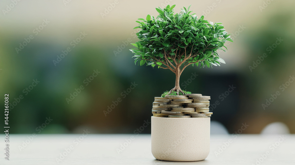 Poster potted tree with intricate roots in a minimalistic setting.