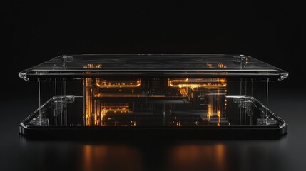 Futuristic altar of glowing circuits and black glass surfaces
