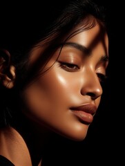 Fototapeta premium Sun-Kissed Beauty: Woman's Face Closeup - Golden hour lighting