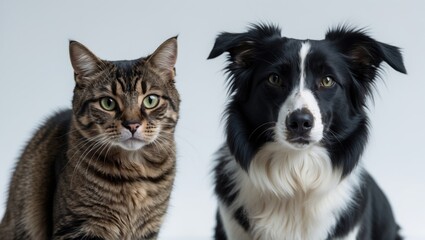 Image of a Tabby Cat and a Border Collie Sheepdog Gazing at the Camera with a White Background