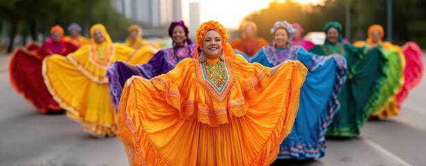 Fototapeta premium Cinco de Mayo parade dance. Women in vibrant traditional dresses dance joyfully in the street, celebrating culture with colorful costumes and radiant smiles at sunset.