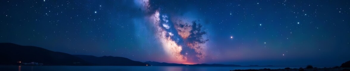 Naklejka premium Peaceful night sky with sparkling stars and milky way galaxy, beautiful, tranquil, starry