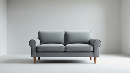 Grey sofa rests on a white background, a comfortable fabric couch stands solitary against the wall