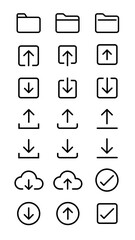 PNG Icons: upload, download, folder, cloud, checkmark, user interface icon set.  Elements on transparent background.