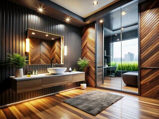 Modern Black Bathroom with Wooden Accents - Double Exposure