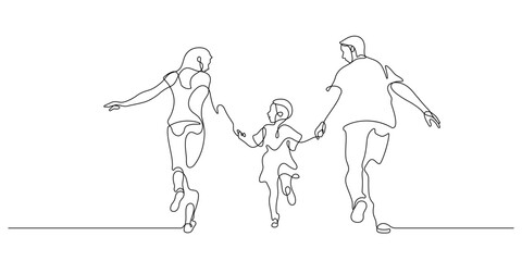 family walking together holding hands line art minimalism. happy mom dad and daughter relaxation carefree one line drawing illustration
