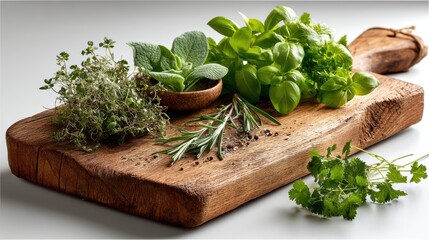 a wooden chopping board with fresh herbs on a white isolated background, clean and natural lighting