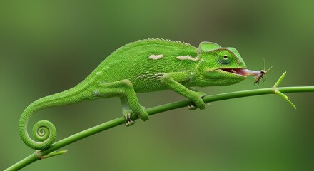 Fototapeta premium A green chameleon on a branch catching an insect with its tongue sticking out in a green background