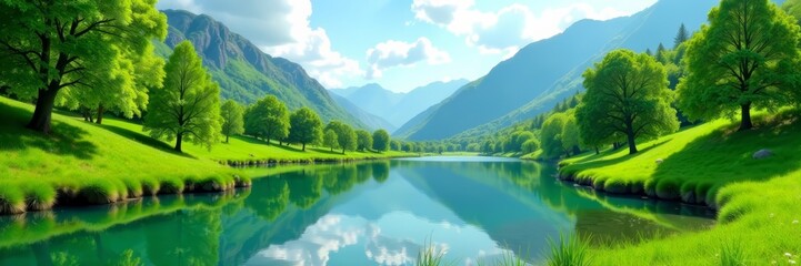 Fototapeta premium Scenic panoramic view of tranquil natural spring landscape with lush green trees, grass, and clear blue water, illustration, tranquil, scenic