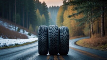 Car with summer tires on a forest road and winter tires off, change of seasonal tires with sale banner