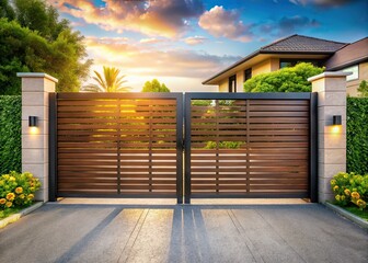 Modern Driveway Gate, Bokeh, Curb Appeal, Horizontal Slats, Double Swinging