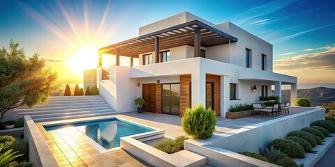 Fototapeta premium Modern Greek House Exterior, Architectural Photography, Aegean Style