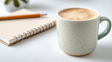 Light Green Speckled Mug of Cappuccino with Notebook and Pencil on White Desk