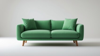 Green fabric couch on wooden legs, placed on a white surface.