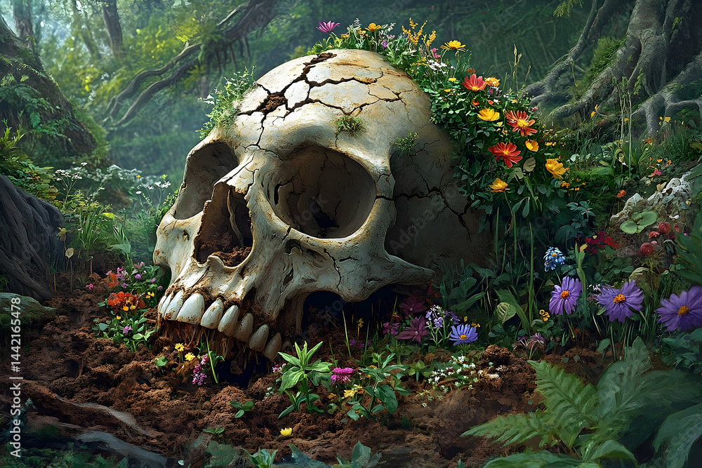 Poster a large skull adorned with flora in a forest setting.