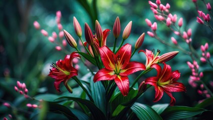 Blooming Red Lily on vibrant green foliage