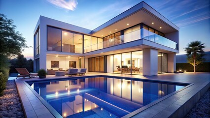 Fototapeta premium Modern Luxurious Home Poolside Night Scene - Blue Hour AI Photography